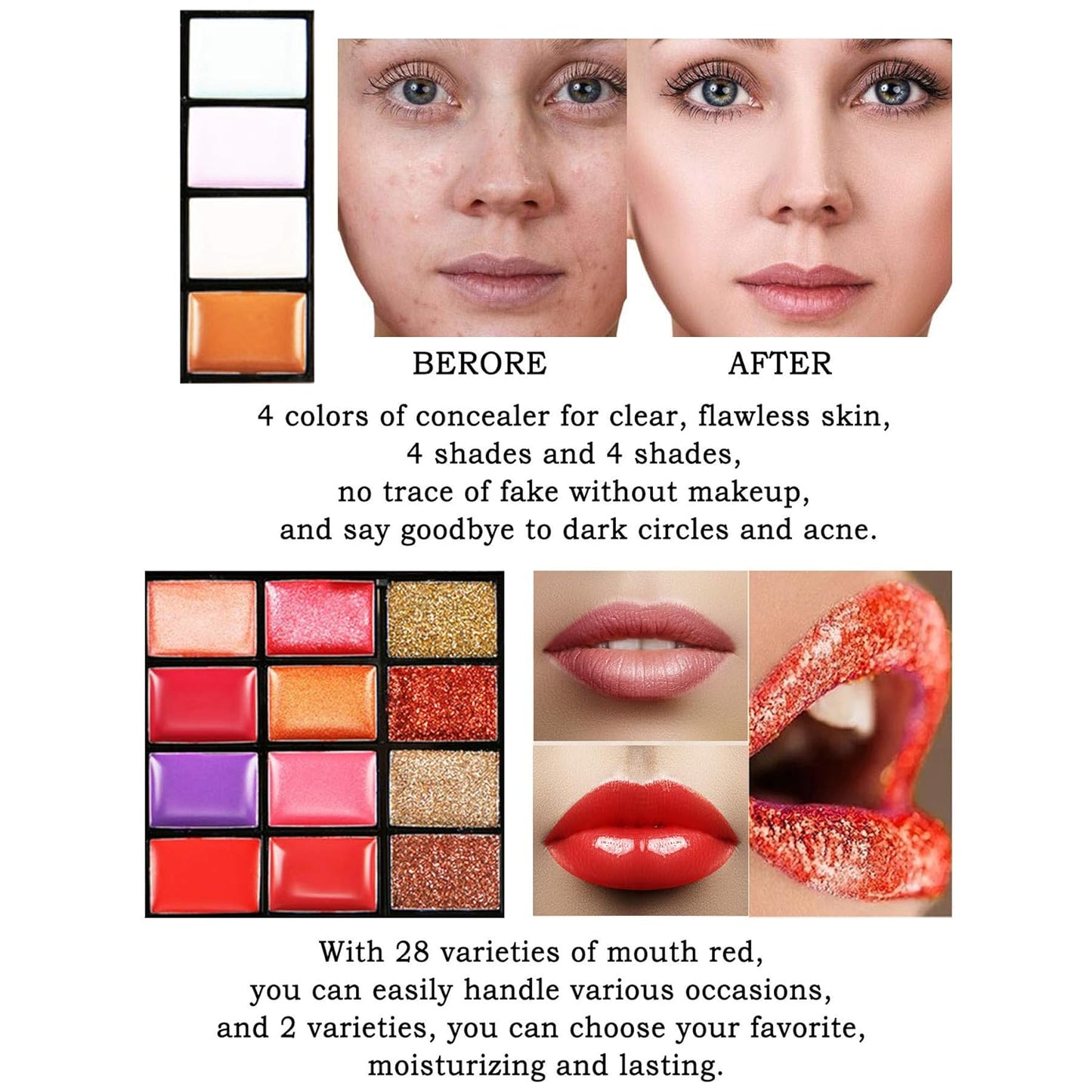 Professional Makeup Palette Set, 36 Colors Eyeshadow + 28 Lip Glosses + 4 Concealer Powder + 3 Blushers + 2 Contouring + 1 Highlight + 3 Brushes + Mirror, Make Up Palette Set