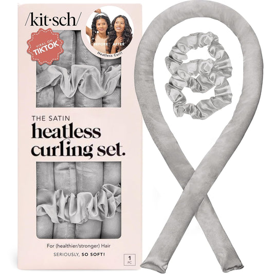 Kitsch Satin Heatless Curling Set – Heatless Hair Curler for Women, Hair Curler to Sleep In - with 2 Satin Scrunchies for Overnight Curls – No Heat Damage Styling with Heatless Curler - Silver