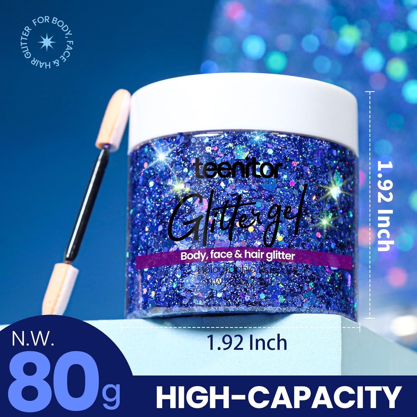 Teenitor Blue Body Glitter, Face Glitters, Body Glitter Gel, Hair Glitter Gel, 80g/2.8oz Holographic Blue Glitter Makeup for Face Body Hair