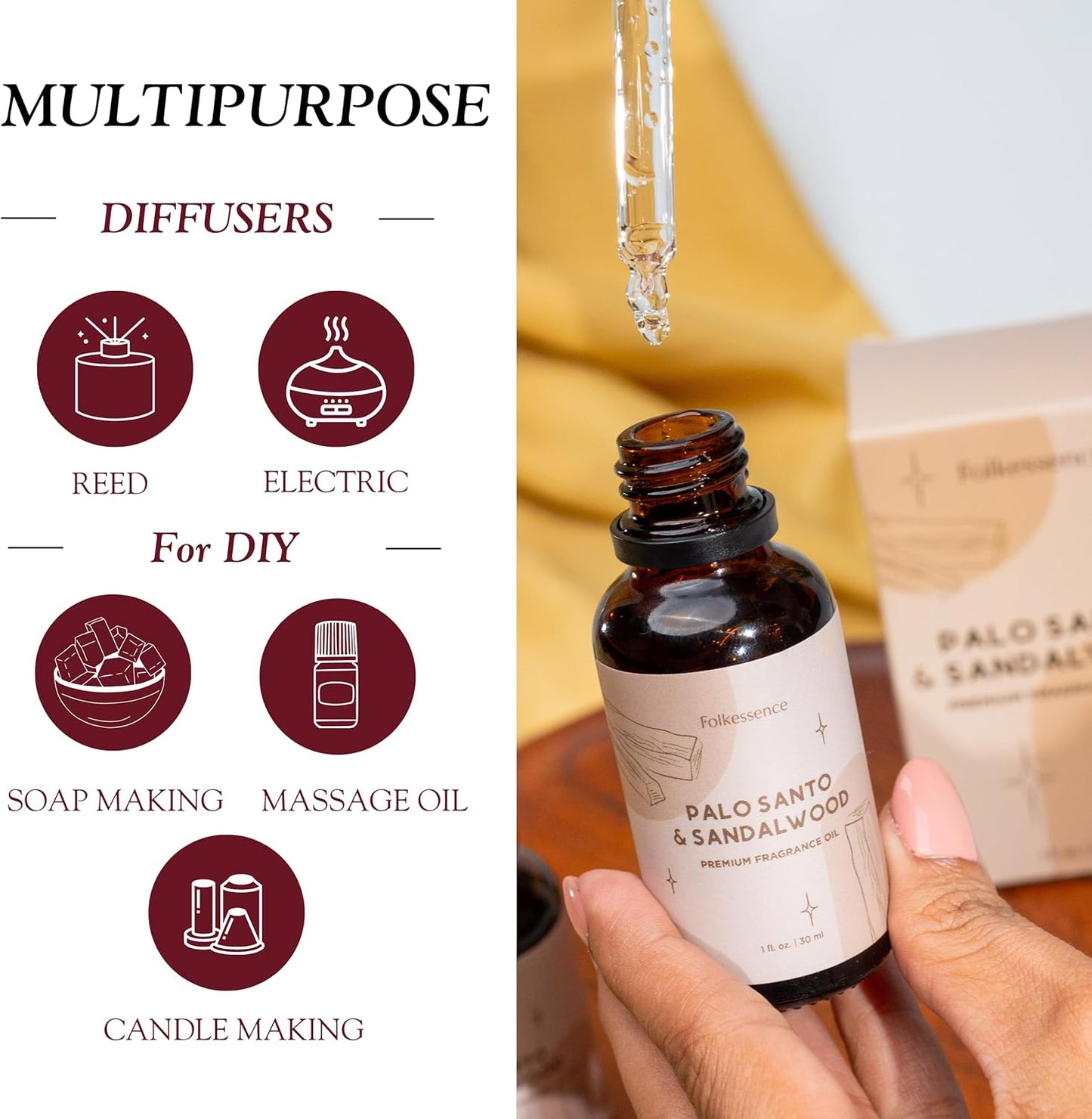 Folkulture Premium Essential Oil Blends for Diffuser for Home | 1.01 Fl Oz Sandalwood Essential Oils for Aromatherapy | Palo Santo Fragrance Oils for Soap & Candle Making Scents or Massage