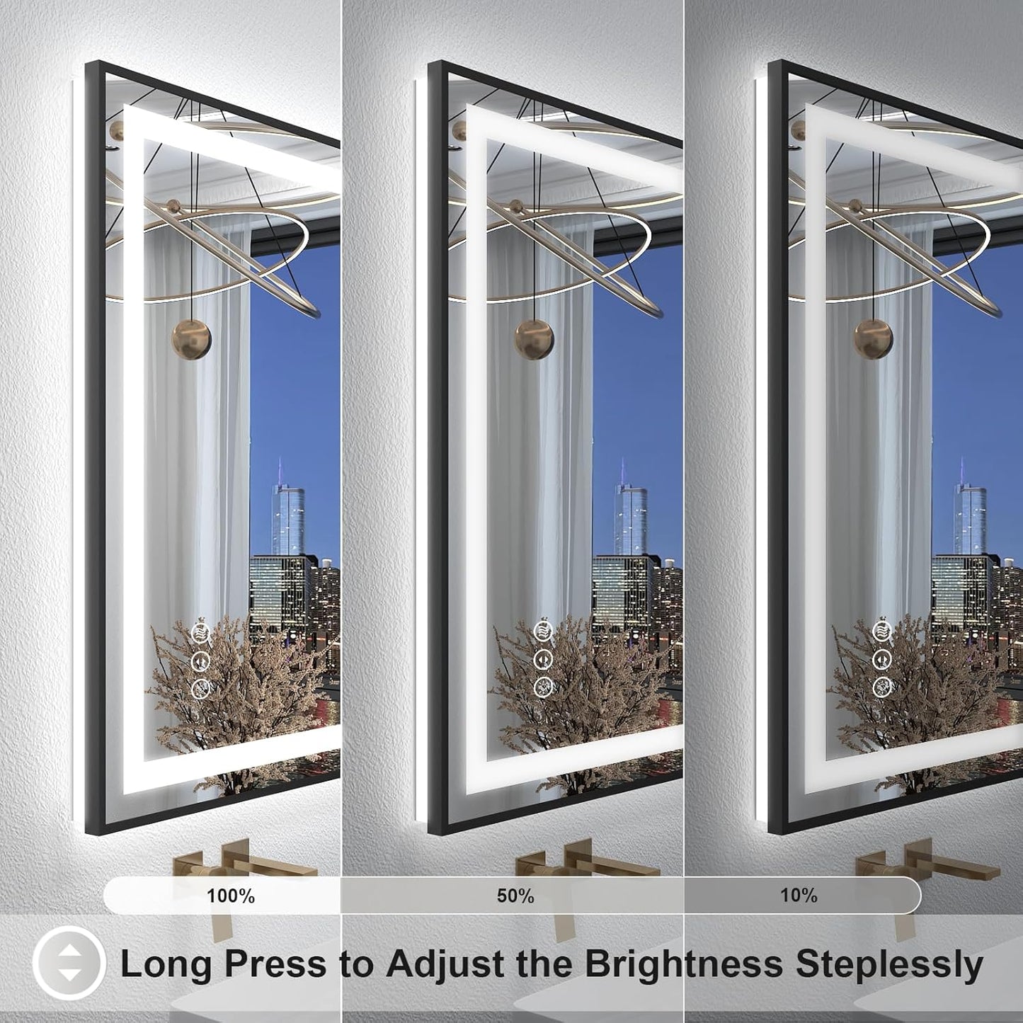 OKPAL 48x36 Black Lighted Bathroom Mirror, LED Bathroom Mirror with Lights, Anti-Fog Lighted Vanity Mirror, Dimmable, Shatterproof, Memory, 3 Colors, ETL Listed (Front Light and Backlit)