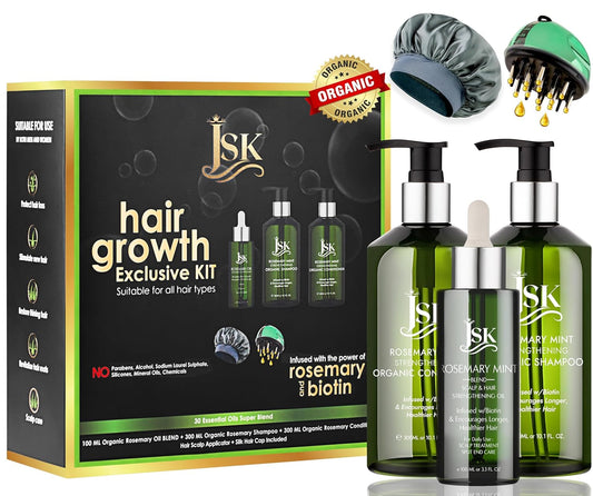 JSK Hair Growth Shampoo & Conditioner Set Biotin & Rosemary for Thinning Hair, DHT Blockers, Hair Care Kit for Men & Women, Includes Scalp Massager & Bonnet, Sulphate-Free Thickening & Moisturizing