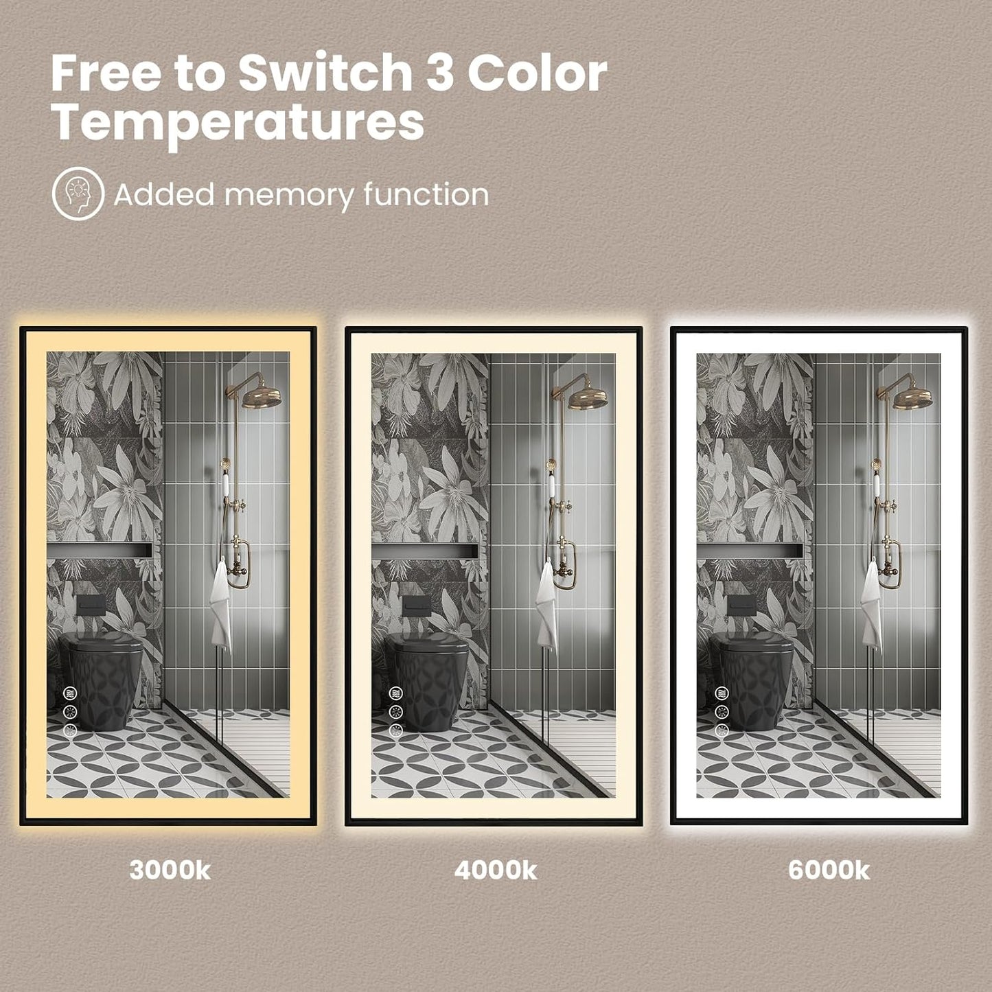 Amorho 72"x 36" LED Bathroom Mirror with Black Frame, Front Light and Backlit(Controlled Separately), Stepless Dimmable, Anti-Fog, Shatter-Proof, 3 Colors, Memory