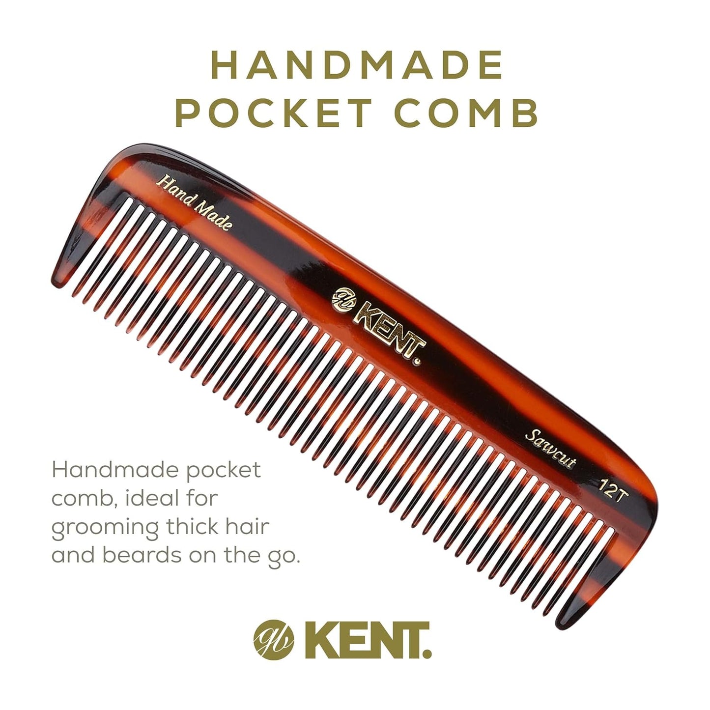 Kent 12T Wide Tooth Detangling Comb - 5.5" Handmade Pocket Comb for Thick, Curly, and Wavy Hair, Large Tooth Grooming for Hair, Beard, and Mustache - Saw-Cut and Hand Polished