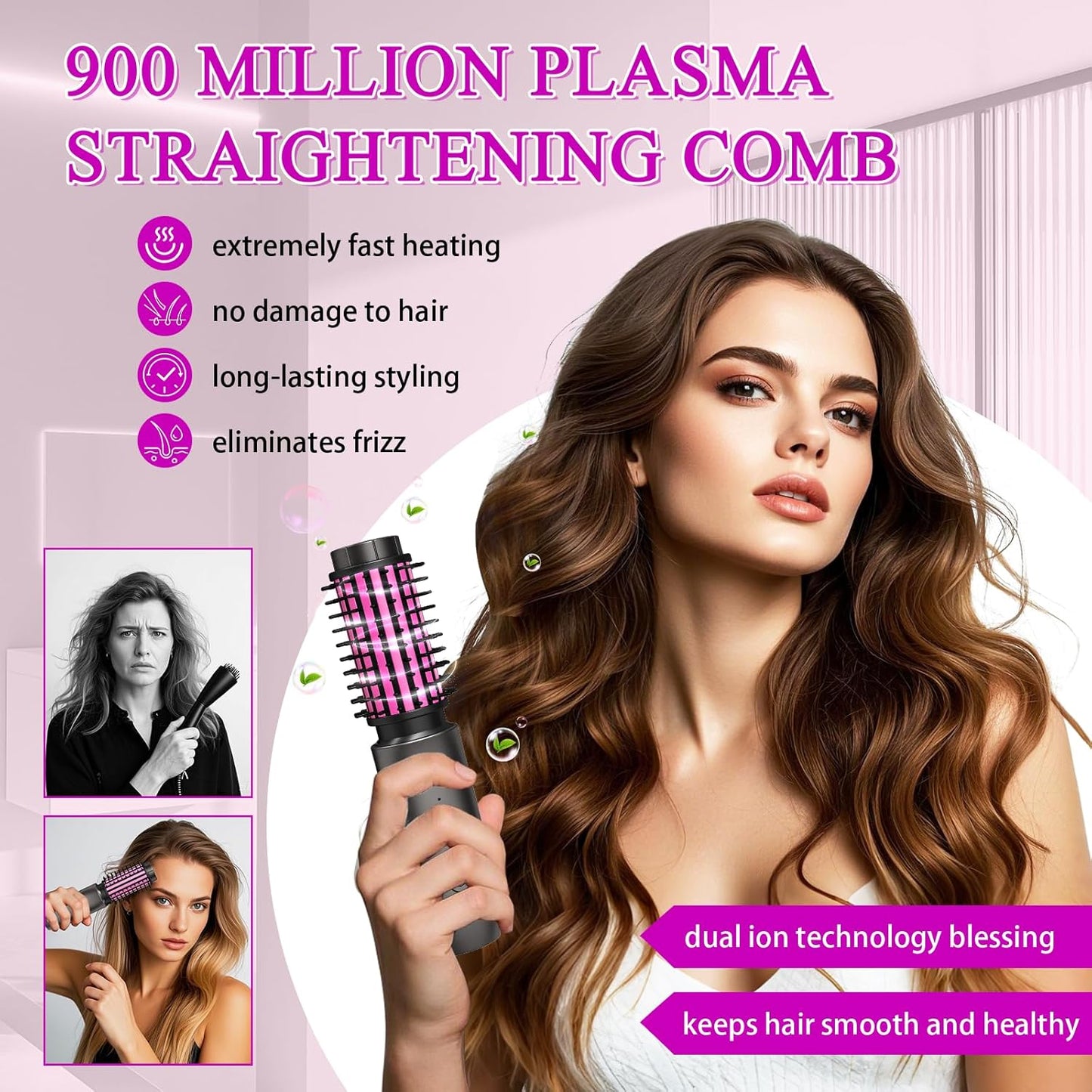 Mini Cordless Curling Iron Brush, Portable Hair Straightening Brush, Cordless Hair Curler Anti-Frizz with Negative Ions, 3-in-1 Crimper Hair Tool, Rechargeable Wave Curling Wand - Night Purple