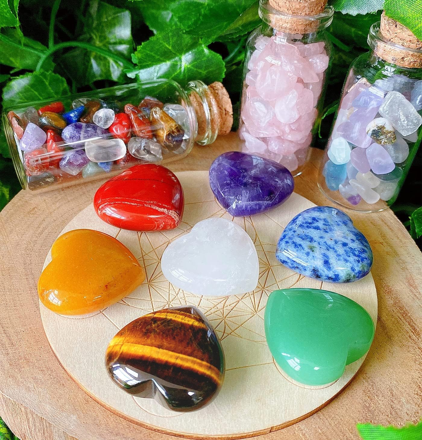 QINJIEJIE 7Pcs 7 Chakras 1.2" Heart Crystal Large Stone Rose Quartz Healing Crystals Love Polished Thumb Natural Palm Assorted Gemstones Reiki Energy Balancing Meditation Gift