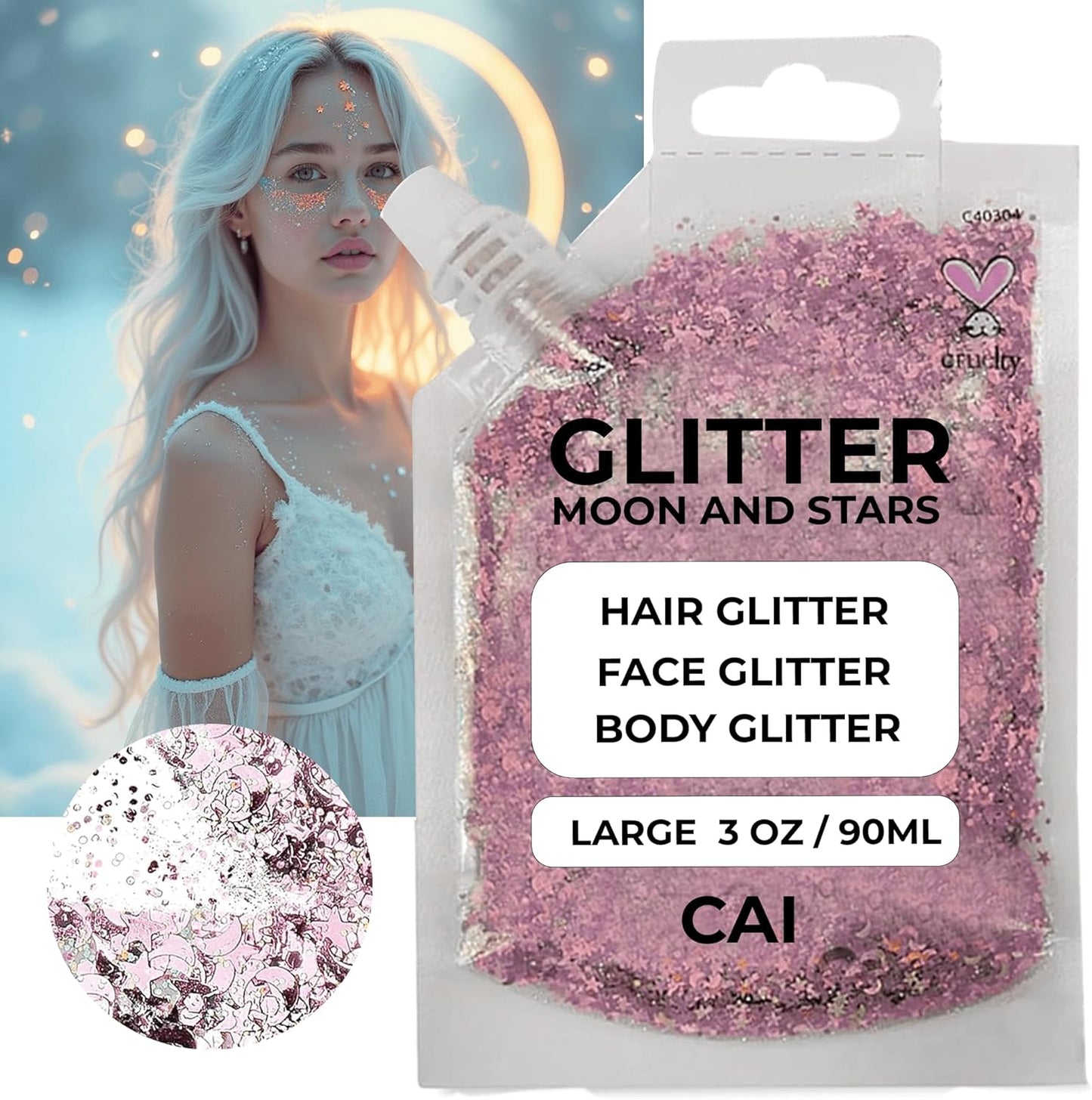 Face, Body & Hair Glitter Gel – Halloween Glitter for Kids and Women – 3 Oz Cosmetic-Grade Gel w/Moon & Stars for Festivals & Halloween Party, Easy Apply & Wash Off - Rose/Gold 2Pack