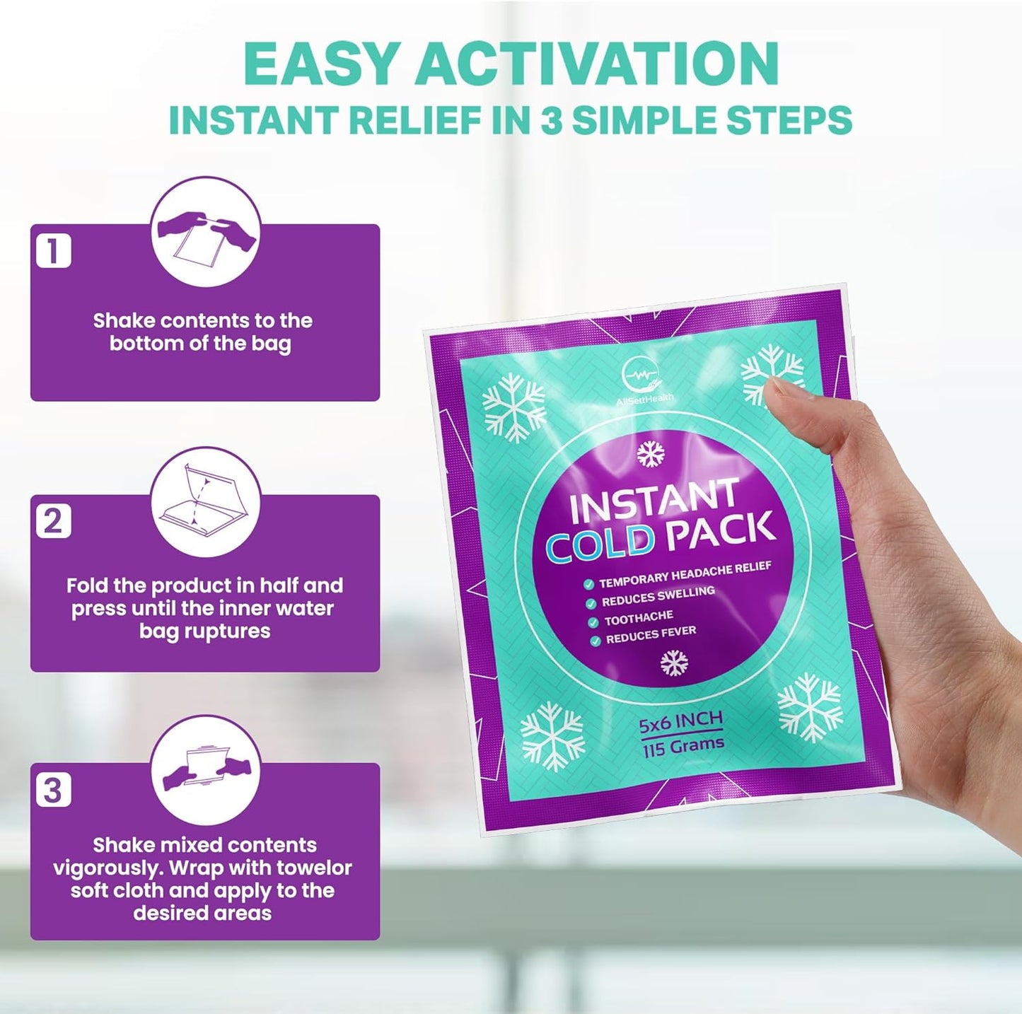 Disposable Instant Ice Cold Packs (6” x 5”) Bulk 100 Pack | Cold Compress Ice Pack for Pain Relief, First Aid & Outdoor