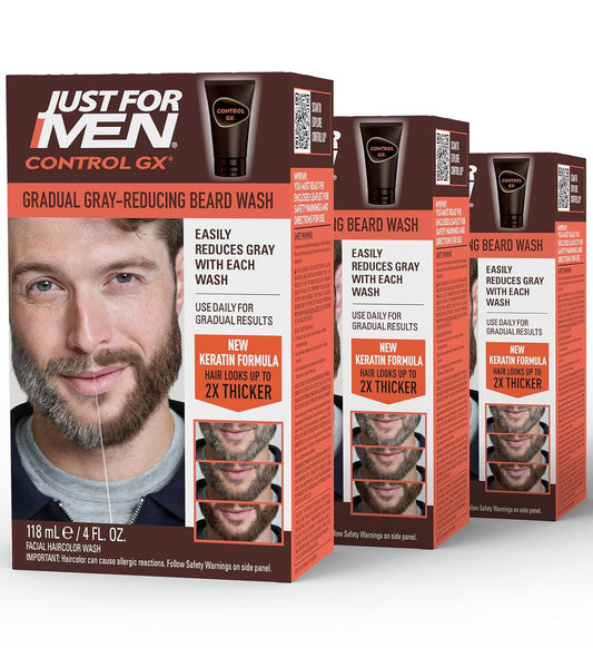 Just for Men Control GX Grey Reducing Beard Wash Shampoo with Keratin, Gradually Colors Mustache and Beard, Leaves Facial Hair Thicker Softer and Fuller, 4 Fl Oz - Pack of 3 (Packaging May Vary)