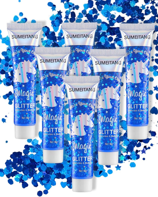 6PCS Blue Face Body Glitter Gel，Holographic Chunky Sequins Body Glitter Paint for Party Singer Concerts Music Festival Rave Accessories for Girls Women Face Body DIY Sparkling Makeup