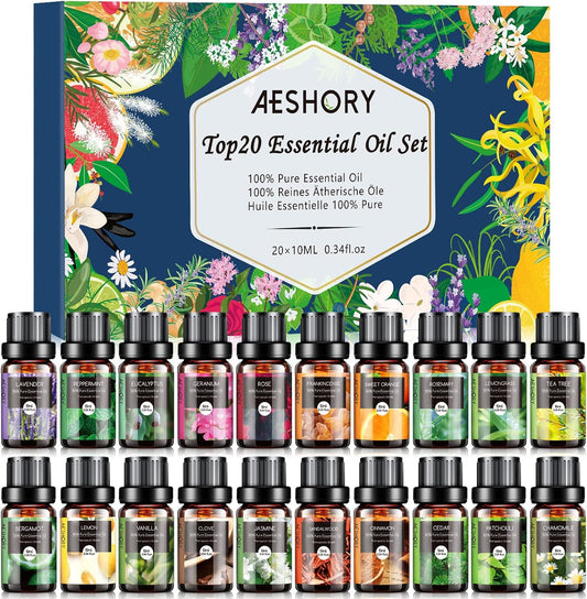 Essential Oils Set, 20x10ml Aromatherapy Essential Oil Kit for Diffuser, Humidifier, Massage, Skin & Hair Care - Lavender, Eucalyptus, Tea Tree, Sweet Orange, Lemongrass and Peppermint