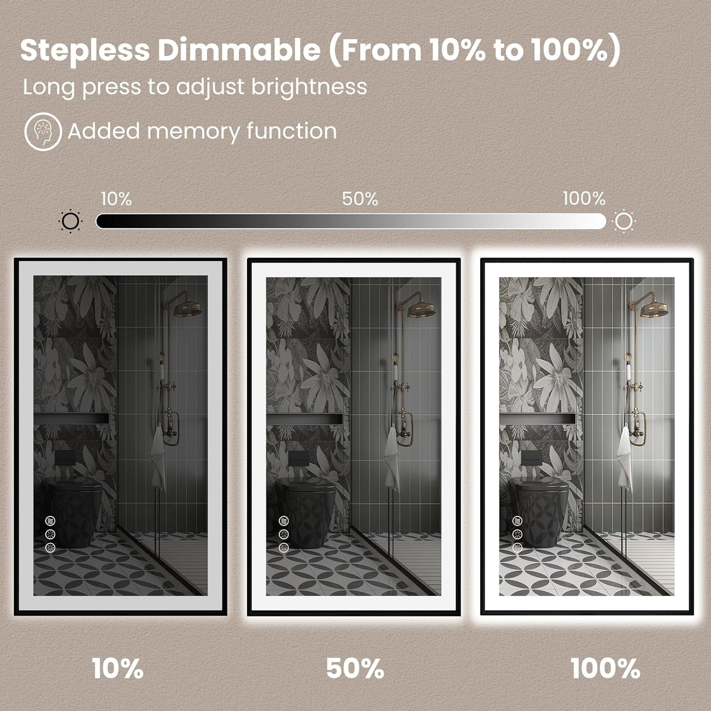 Amorho 55" X36" LED Bathroom Mirror with Black Frame, Front Light and Backlit(Controlled Separately), Stepless Dimmable, Anti-Fog, Shatter-Proof, 3 Colors, Memory