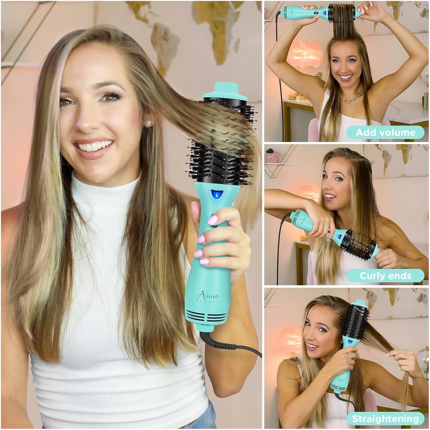 Hot Air Brush, Aima Beauty Professional One Step Hair Dryer & Volumizer 4 in 1 Upgrade Anti-Scald Negative Ionic Technology for All Hair Types, Light Green