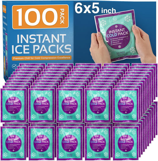 Disposable Instant Ice Cold Packs (6” x 5”) Bulk 100 Pack | Cold Compress Ice Pack for Pain Relief, First Aid & Outdoor