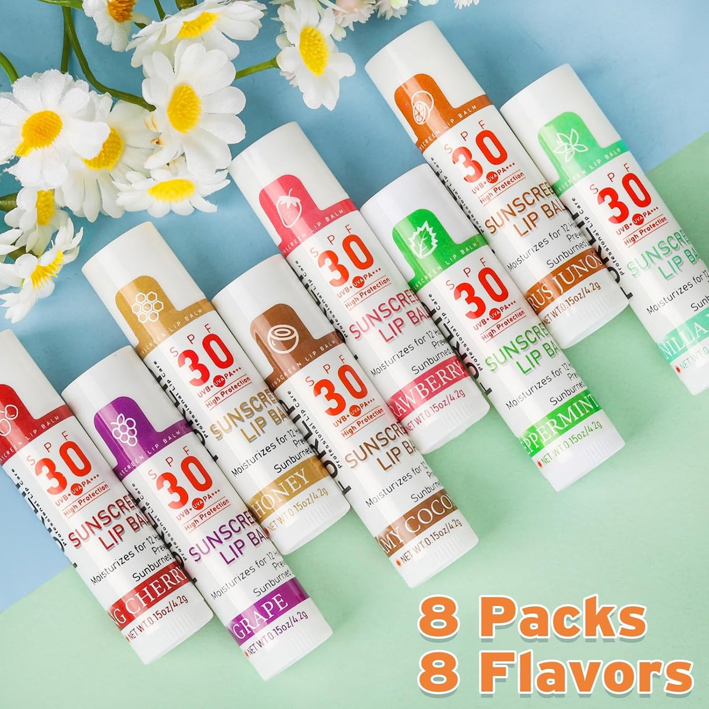 SPF 30 Lip Balm with Sunscreen, 8 Pack - 8 Flavors, Hydrating Lip Balm with Vitamin E and Coconut Oil
