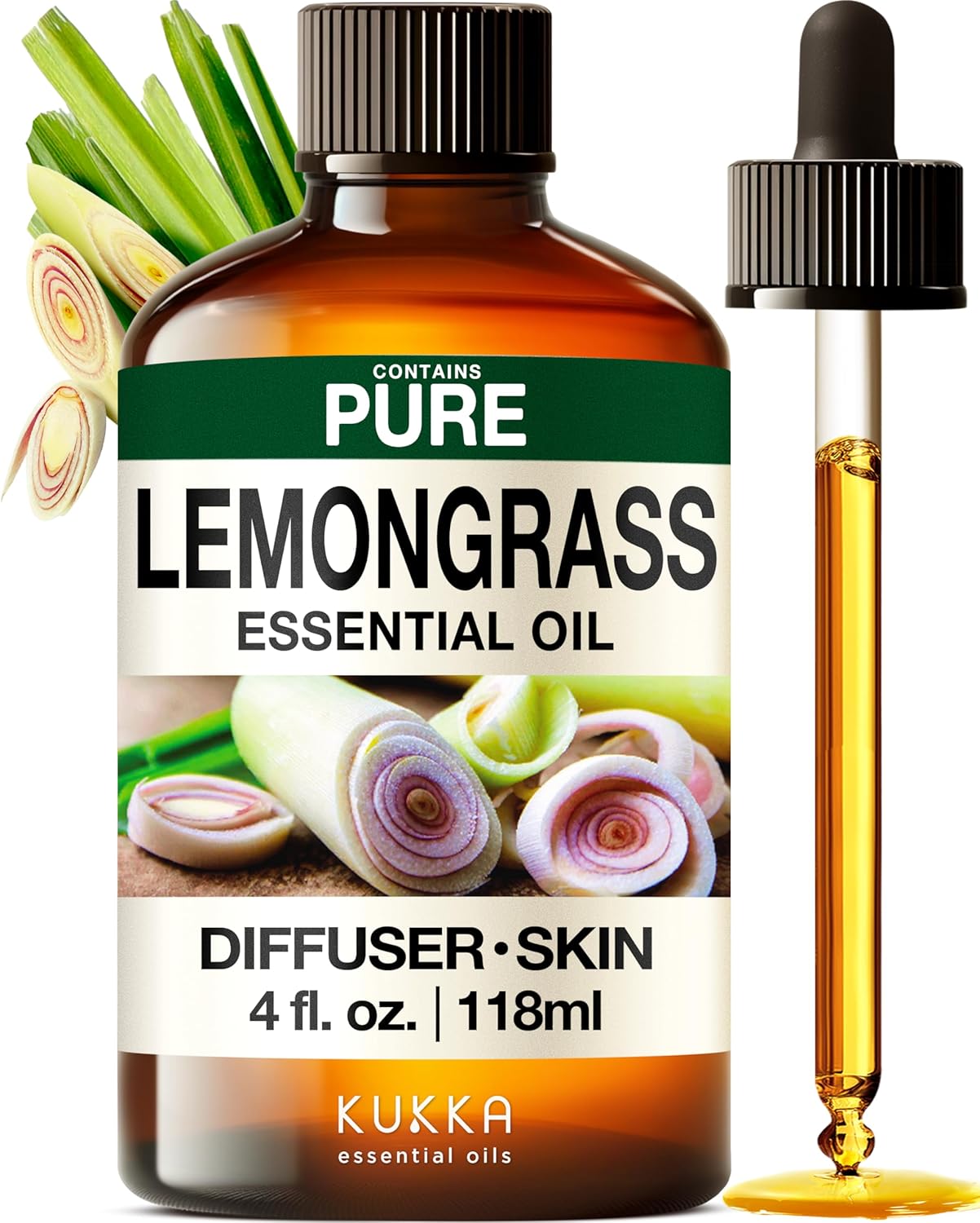 Kukka Lemongrass Essential Oil for Skin, Diffuser & Hair - 4 Fl Oz - Cleansing & Nourishing, Herbaceous Scent for Aromatherapy, DIY Soap Making Scents