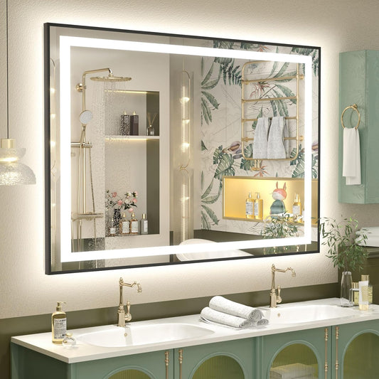 OKPAL 48x40 LED Bathroom Mirror with Front and Backlit, Anti-Fog Lighted Vanity Mirror, Dimmable LED Bathroom Vanity Mirror for Wall with 3 Colors, Memory, Shatter-Proof, ETL Listed