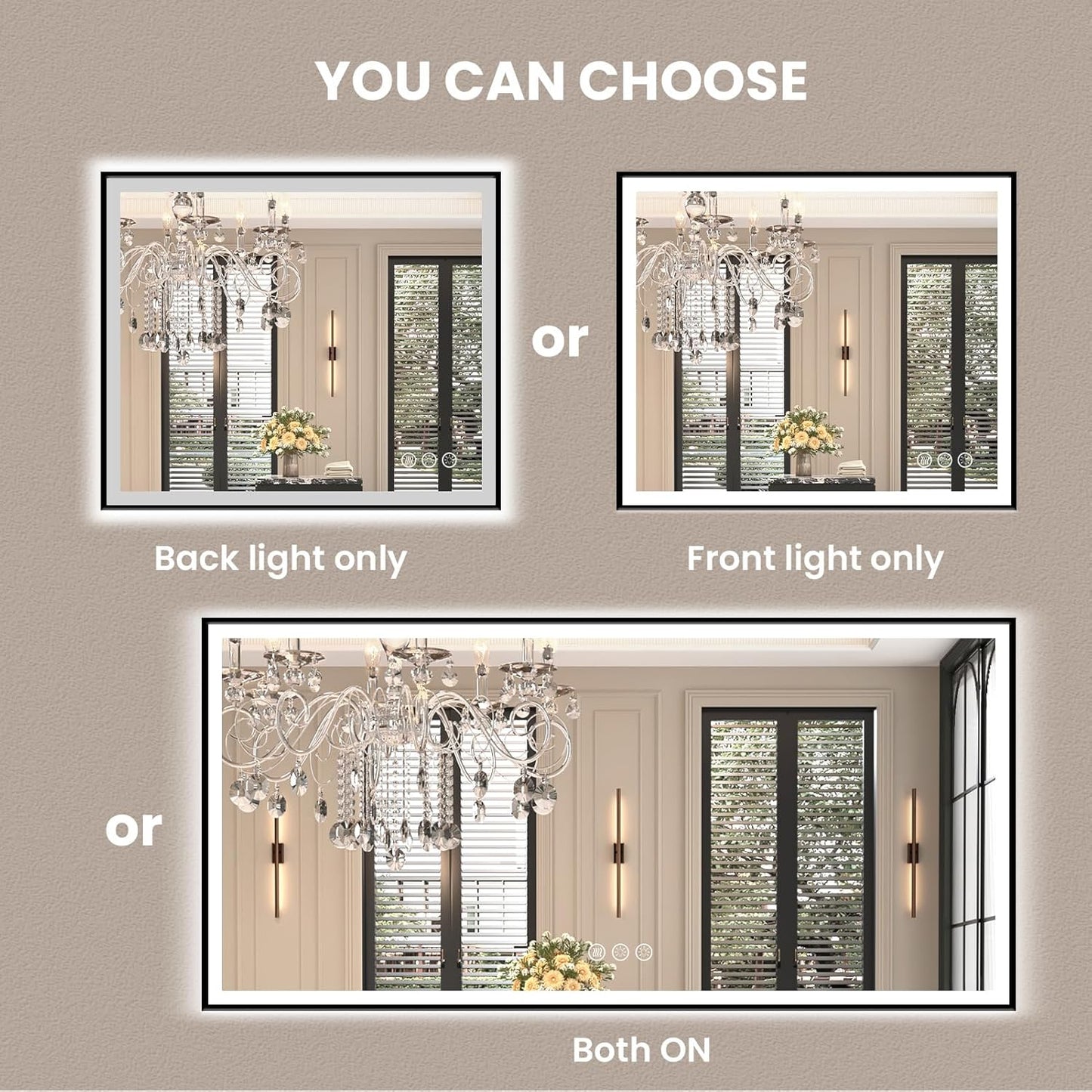 Amorho 24"x 30" LED Bathroom Mirror with Black Frame, Front Light and Backlit(Controlled Separately), Stepless Dimmable, Anti-Fog, Shatter-Proof, 3 Colors, Memory