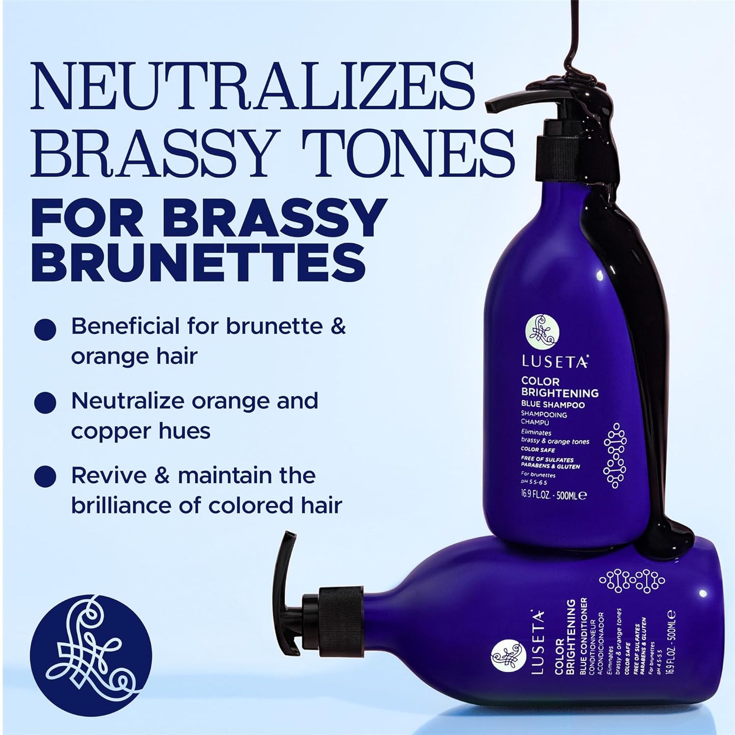 Luseta Blue Shampoo & Conditioner Set - Color Brightening for Brassy and Brunette Treated Hair, Revive Cool Tones, 2x 16.9oz