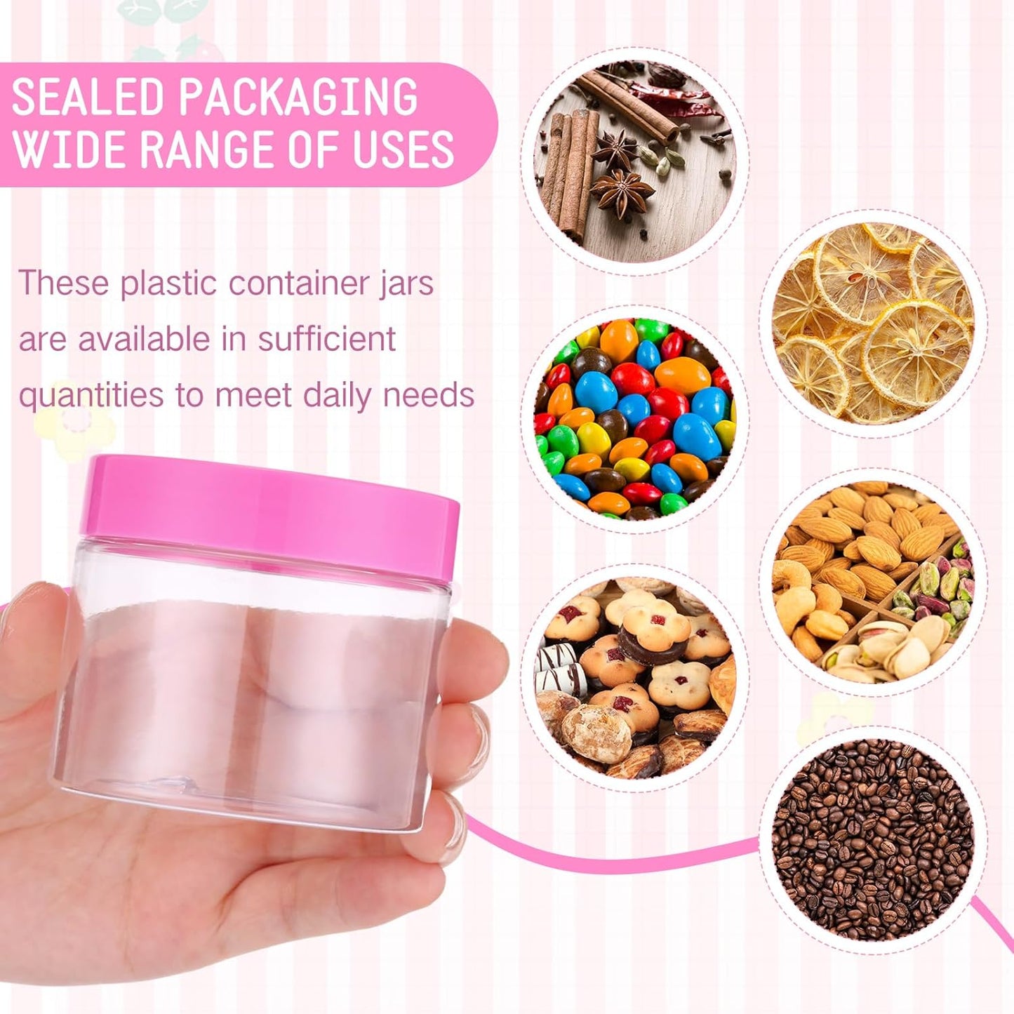 SATINIOR 24 Pieces Empty Clear Plastic Jars with Lids Round Storage Containers Wide Mouth for Beauty Product Cosmetic Cream Lotion Liquid Butter Craft and Food(Pink Lid,4 oz)