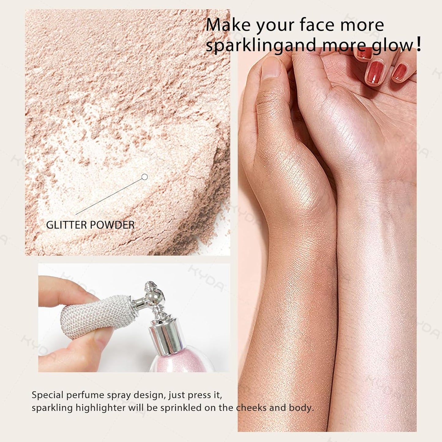 KYDA Highlighter Powder Spray, High Gloss Glitter Spray, Shimmer Sparkling Powder Makeup, for Face and Body Glitter Cosmetic-Soft Pink