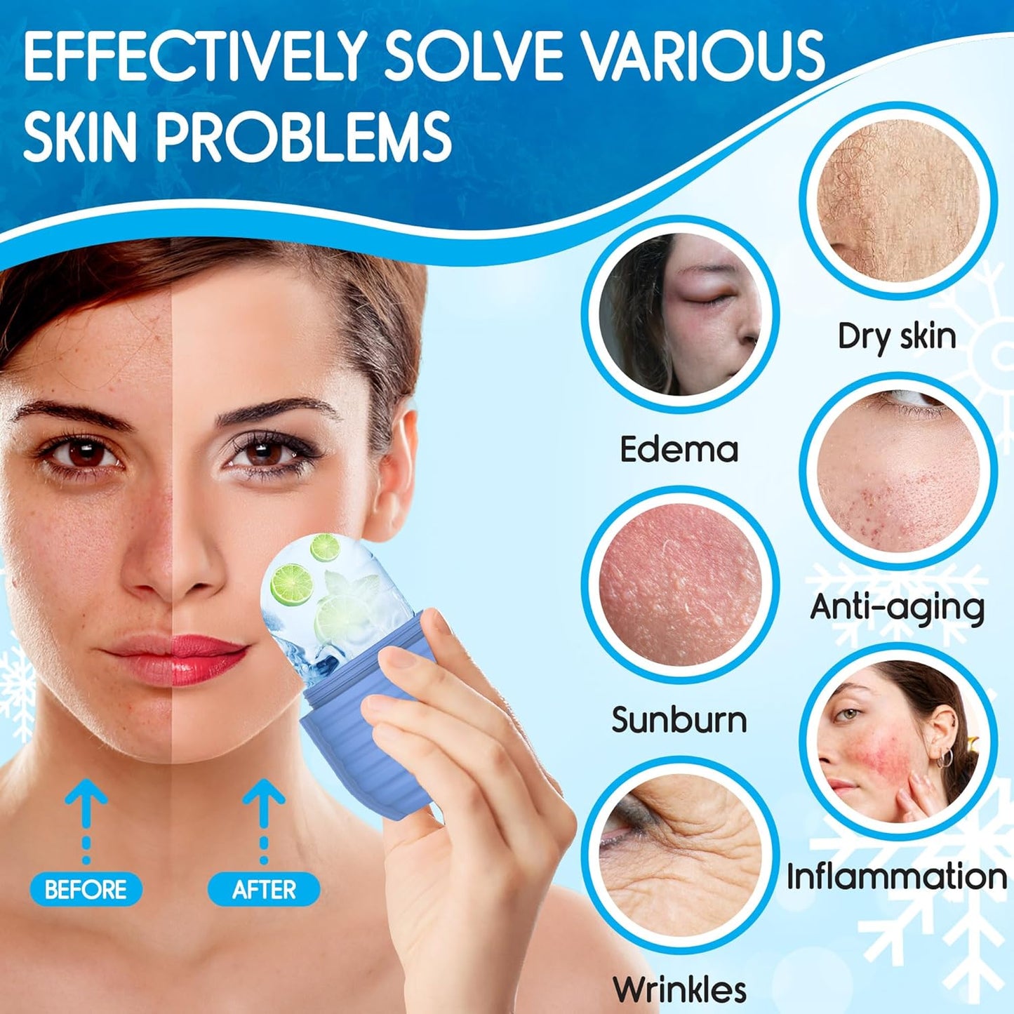 2Pcs Ice Roller for Face, Ice Face Roller, Reusable Silicone Ice Mold for Face, Facial Beauty Ice Roller Skin Care Tools for Shrink Pores Anti Wrinkle Reduce Puffiness (Blue + Pink)